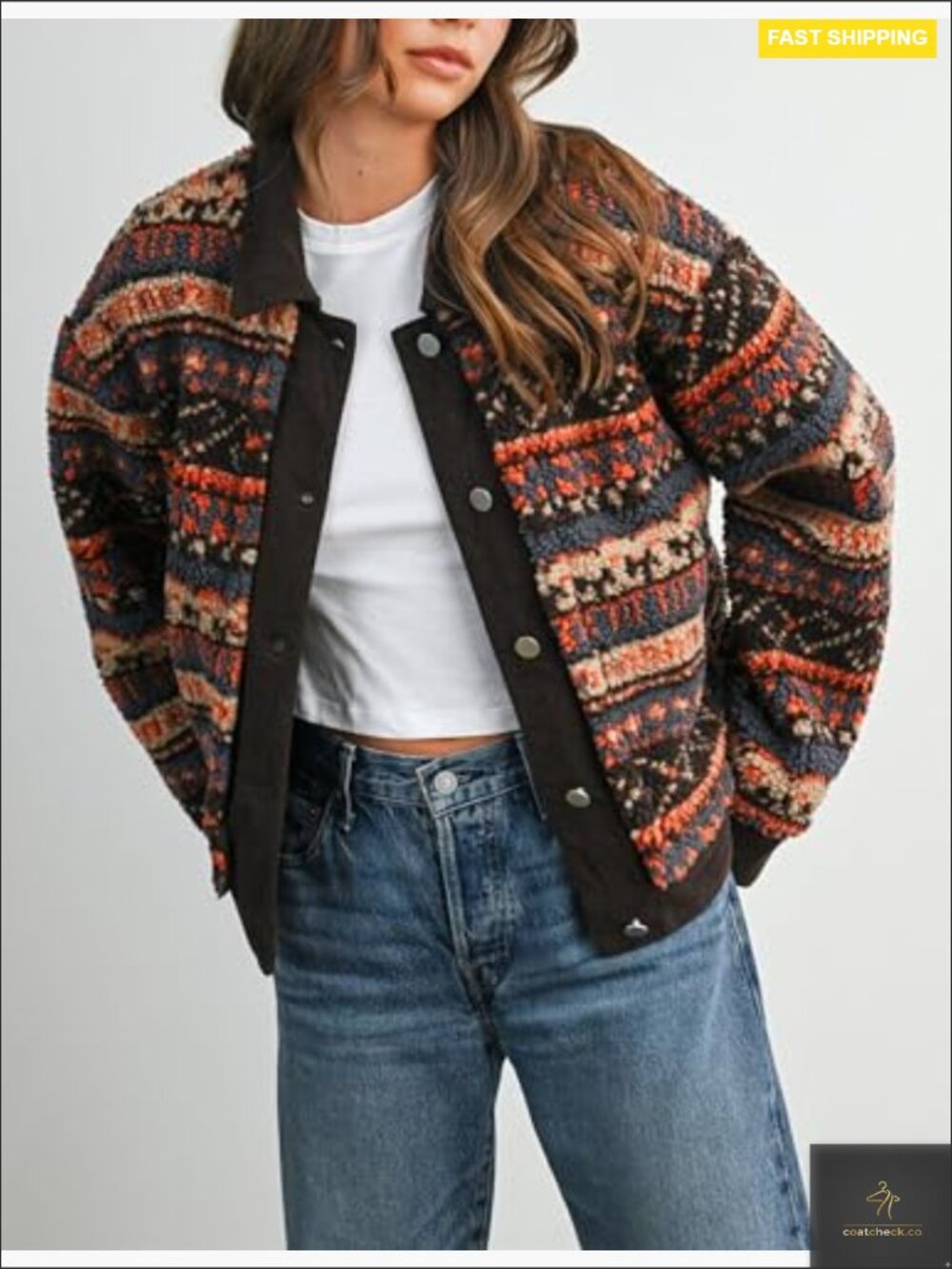 Floral Sherpa Jacket Open Front Denim Collar Oversized Fleece Outerwear Pockets - Picture 6 of 7